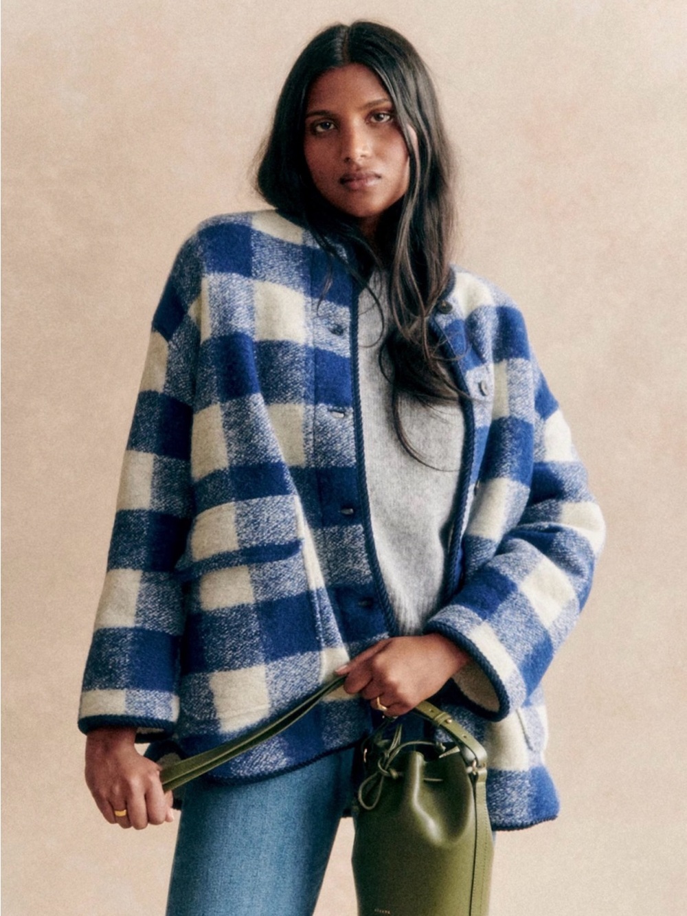 NWT Sézane Farel Jacket Ecru Blue Check Size 38 (US 6)